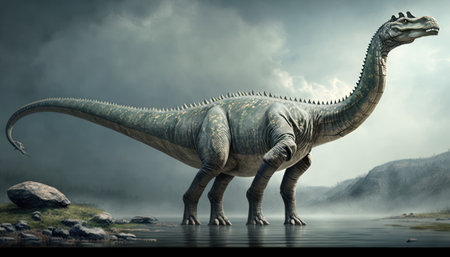 Dinosaur Stegosaurus in the river, fantasy 3d illustrationの素材