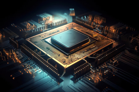 Circuit board with processor, close-up. 3d renderingの素材