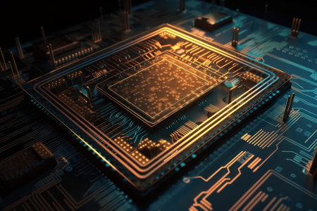 Circuit board close-up. Technology background. 3d renderingの素材