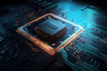 Close up of electronic circuit board with microcircuits. 3D renderingの素材