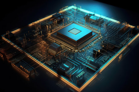 Circuit board. Electronic computer hardware technology. Motherboard digital chip. 3D renderingの素材