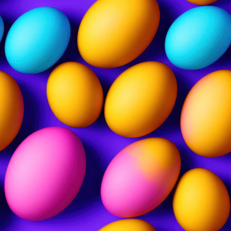 Seamless pattern of colorful Easter eggs on a blue background.の素材
