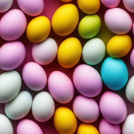Colorful Easter eggs background. Top view of colorful Easter eggs.の素材