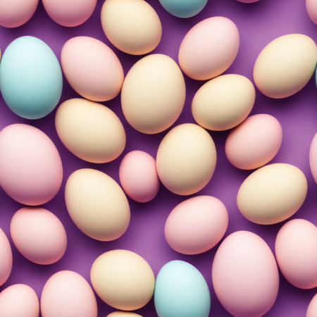 Seamless pattern with pastel colored easter eggs on purple backgroundの素材