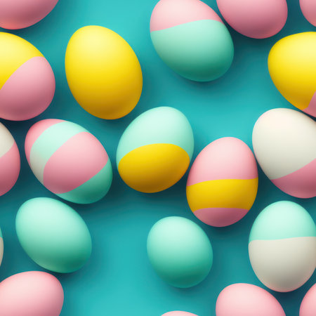 Seamless pattern of pastel colored Easter eggs on blue backgroundの素材