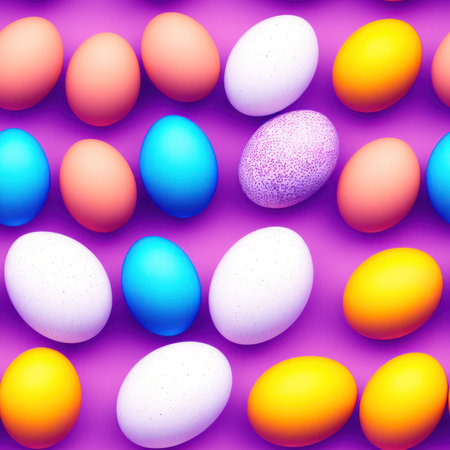 Seamless pattern of colorful Easter eggs on a purple background.の素材