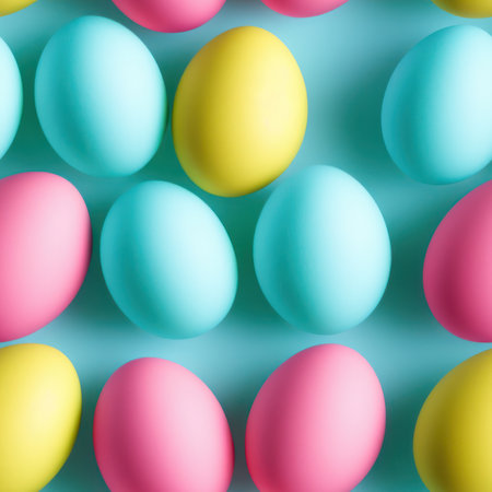 Seamless pattern of pastel colored Easter eggs on blue backgroundの素材