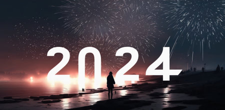 Silhouette of a woman standing on the beach and looking at the fireworksの素材