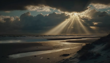 Sunset over the sea. Dramatic sky with sunbeamsの素材