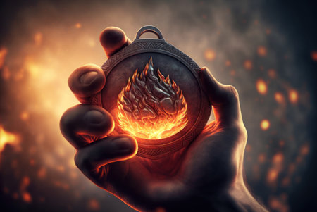 Close up of human hand holding burning pocket watch with fire flames on backgroundの素材