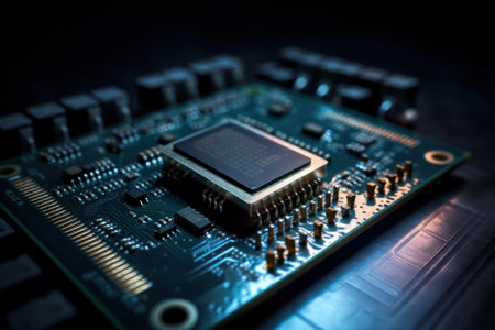 Close up of electronic circuit board with processor on dark background. Technology conceptの素材