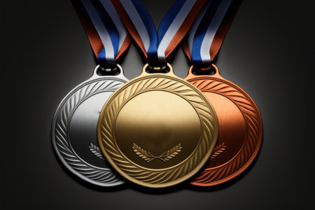 Gold, silver and bronze medals on a black background. 3D renderingの素材
