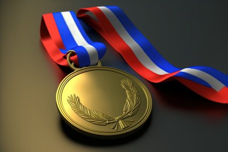 Gold medal with a ribbon on a dark background. 3d renderingの素材