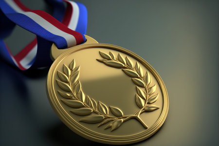 Gold medal with a ribbon on a dark background. 3d illustrationの素材