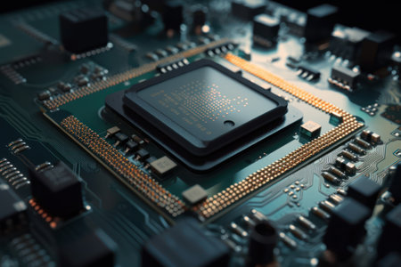 Close-up of electronic circuit board with processor. Technology background.の素材