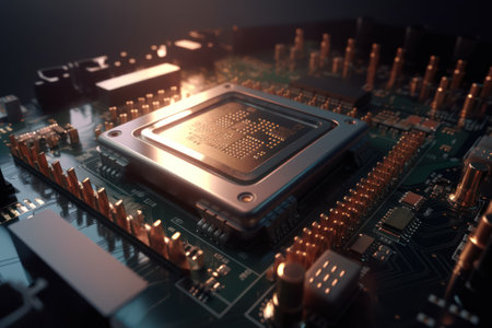 Close-up view of electronic circuit board with processor. 3D renderingの素材