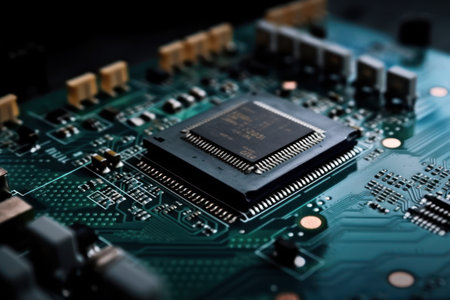 Close up of electronic circuit board with microchips. Technology backgroundの素材