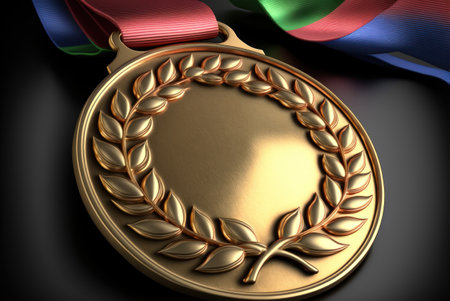 Gold medal with laurel wreath on black background. 3D renderingの素材
