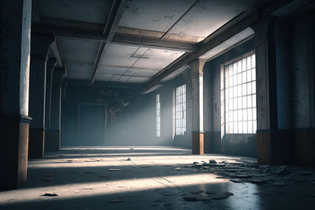 Abandoned industrial interior with bright sunlight. 3D Renderingの素材
