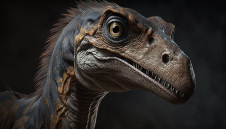 Dinosaur Head with big eyes on dark background. 3d renderingの素材