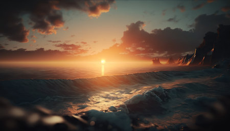 Beautiful sunset over the sea. 3d render. Vintage style.の素材