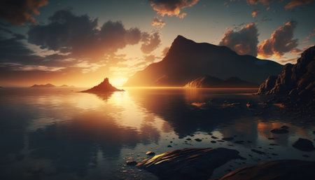 Fantasy alien planet. Mountain and lake. 3D illustration.の素材