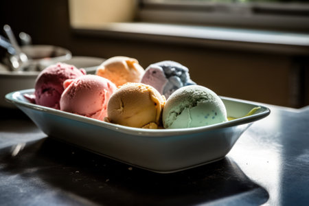 ice cream scoops in a bowl on table, selective focus. generative aiの素材