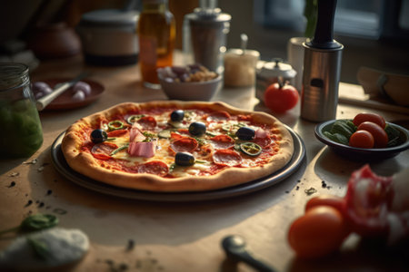 Pizza with tomato, mozzarella and olives on a wooden table generative aiの素材