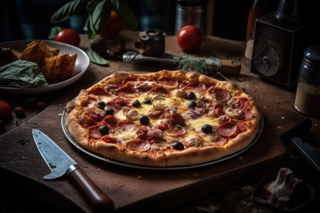 Pizza with salami, mozzarella and olives on wooden table generative aiの素材
