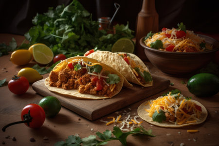 Mexican tacos with meat, cheese and vegetables on wooden table. generative aiの素材