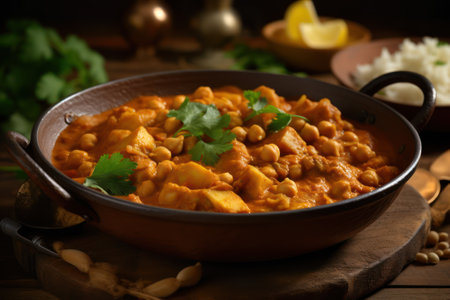 Chickpeas curry in a bowl on wooden background. Selective focus. generative aiの素材