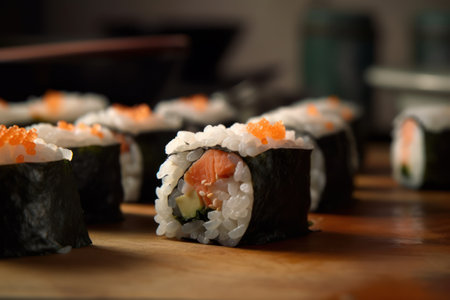 Sushi rolls on a wooden plate. Close-up. Selective focus. generative aiの素材
