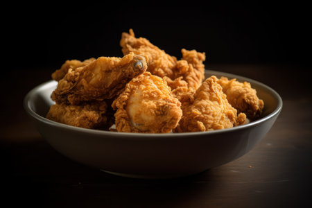 Fried chicken on a plate. Dark background. Toned. generative aiの素材