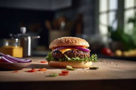 Delicious hamburger on wooden table in kitchen. Closeup. generative aiの素材