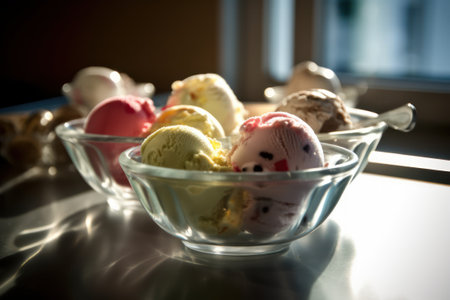 ice cream scoops in glass bowl on table. Selective focus generative aiの素材