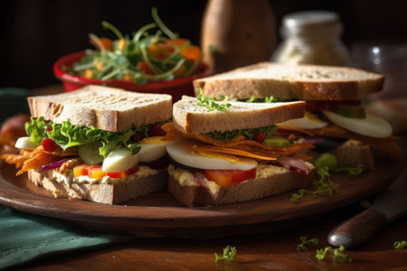 Sandwiches with vegetables on a wooden board. Selective focus. generative aiの素材
