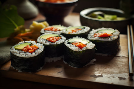 Sushi rolls with salmon, avocado and cucumber on wooden background generative aiの素材