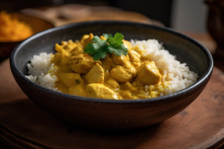 Chicken tikka masala curry served with rice in a bowl generative aiの素材
