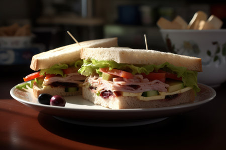Sandwich with ham, cheese, tomato, lettuce and olives generative aiの素材
