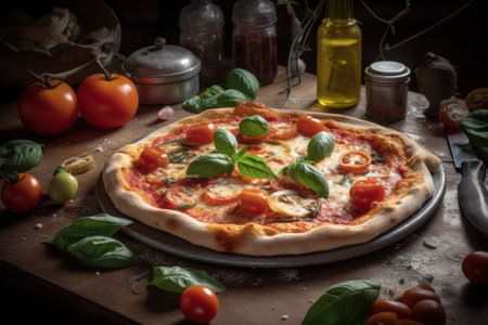 Pizza with mozzarella, tomatoes and basil on wooden table generative aiの素材