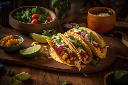 Mexican tacos with meat, vegetables and salsa on a wooden background generative aiの素材
