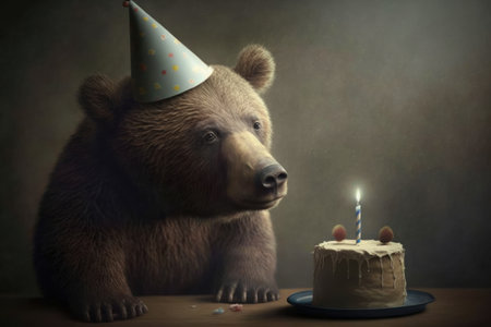 Brown bear with birthday cake and candles on wooden table. Dark background generative aiの素材