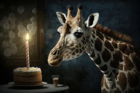 Cute giraffe with birthday cake and burning candle in dark room generative aiの素材