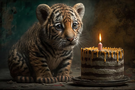 Cute little tiger cub with birthday cake and candle on dark background generative aiの素材