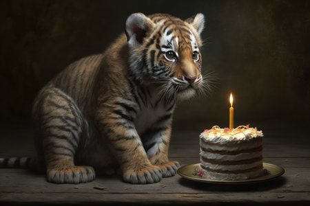 Tiger cub with a birthday cake and candle on a dark background generative aiの素材