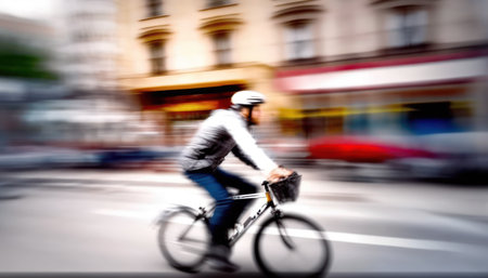Cyclist in motion on a city street. Blurred background generative aiの素材