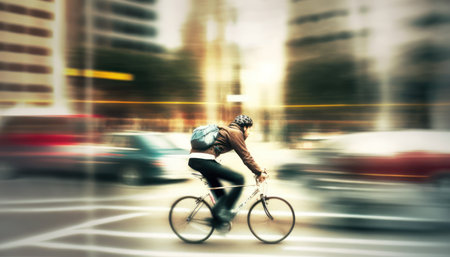 Cyclist in the city with motion blur effect. Blurred background.の素材