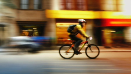 Cyclist riding a bicycle in the city, motion blur.の素材