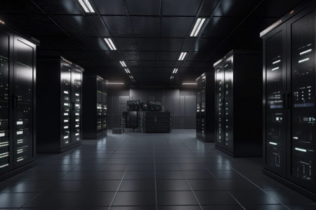 Dark server room interior with rows of black servers, 3d render generative aiの素材