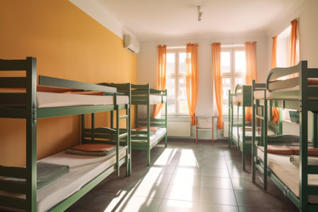 Bunk beds in a hostel with orange and yellow walls. generative aiの素材